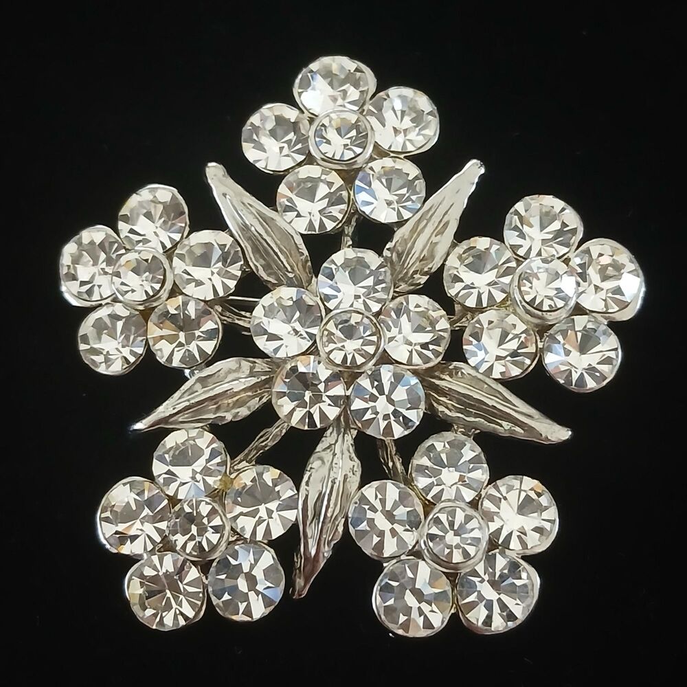 Vintage 1950s Rhinestone Flower Brooch Clear Crystal Floral Mid Century Jewelry